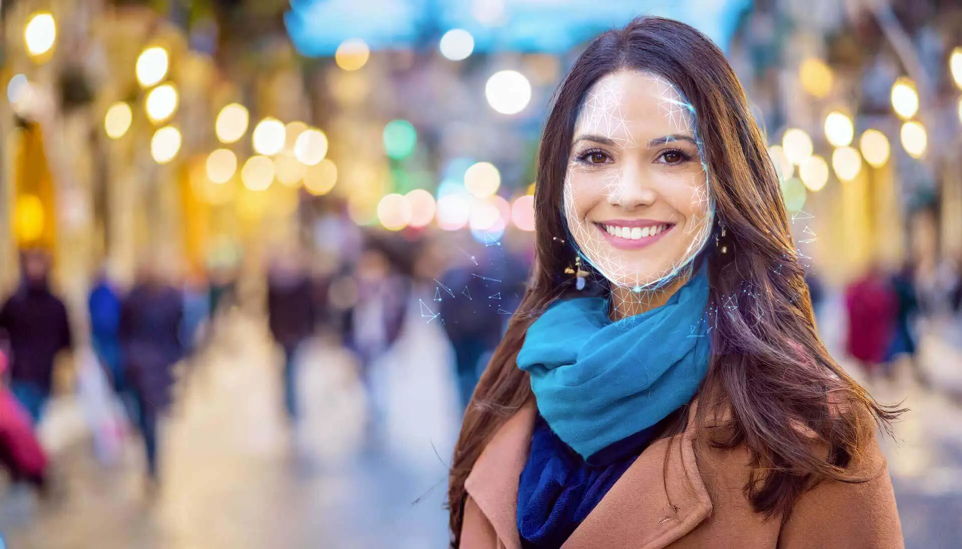 Smiling woman performs facial recognition