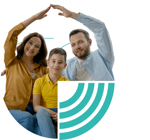 Son sitting between a mother and father with his arms raised over each other to form a protective roof