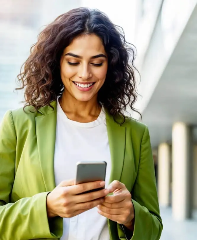 A smiling woman on the street uses her smartphone.