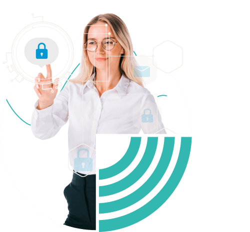 Una donna d'affari tocca con un dito un lucchetto digitale per mettere al sicuro i dati dell'azienda